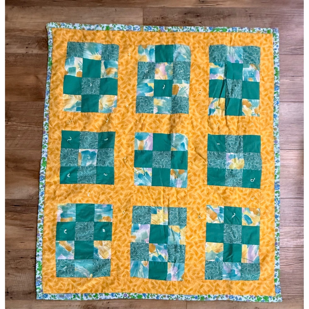 Handmade Patchwork Baby/Lap Quilt Yellow Green Dutch Windmill Floral 34x39